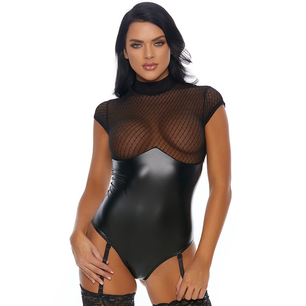 Faux Leather and Sheer Diamond Net Pattern Garter Teddy